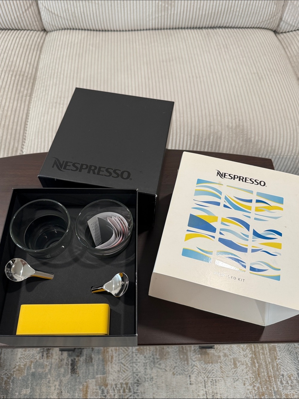 (Unused)Nespresso Glass & Spoon Accessory Set with Yellow plastic ice cube tray